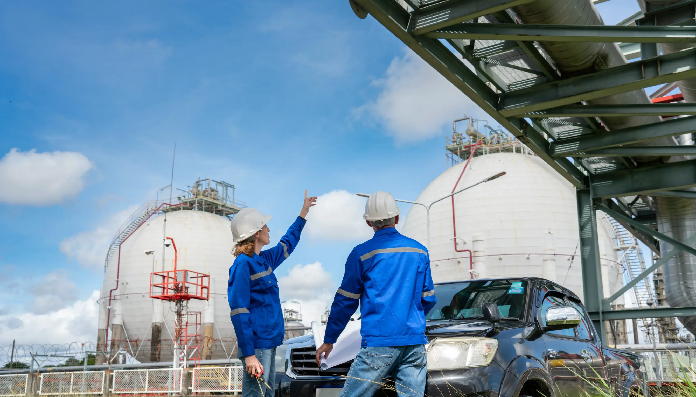 Engineers at a gas storage facility inspecting